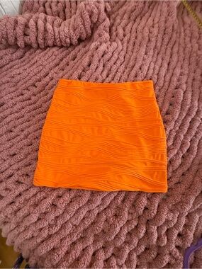 Y2K Neon Orange Textured Wavy Ribbed Bodycon Mini Skirt Night Out Clubwear Small